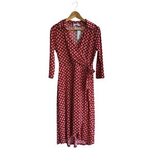 NEW Kaileigh Red White Patterned Faux Wrap Collared 3/4 Sleeve Dress Size Small